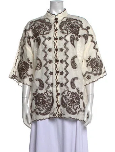 Pre-owned Zimmermann Linen Paisley Print Blouse W/ Tags In Neutrals