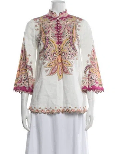 Pre-owned Zimmermann Linen Paisley Print Blouse W/ Tags In White