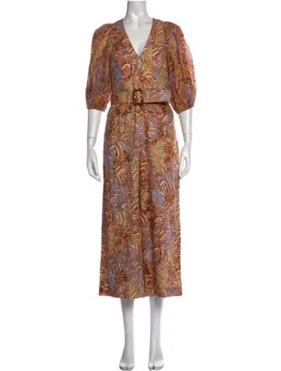 Pre-owned Zimmermann Linen Paisley Print Jumpsuit In Neutrals