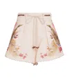 Zimmermann Ascension Belted Bead-embellished Floral-print Linen Shorts