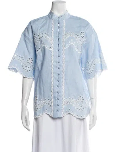 Pre-owned Zimmermann Linen Patterned Blouse In Blue