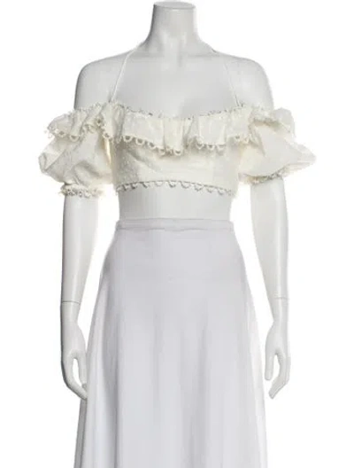 Pre-owned Zimmermann Linen Patterned Crop Top In White