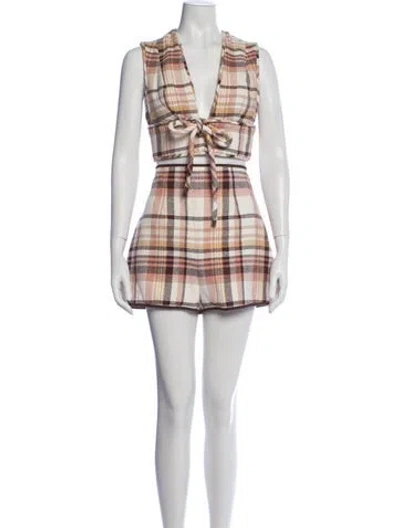 Pre-owned Zimmermann Linen Plaid Print Short Set In Purple