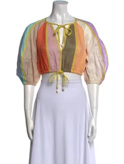 Pre-owned Zimmermann Linen Printed Crop Top W/ Tags In Neutral