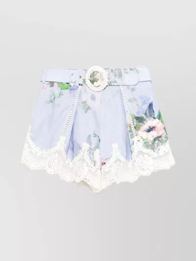 ZIMMERMANN LINEN SHORTS WITH FLORAL PATTERN AND LACE TRIM