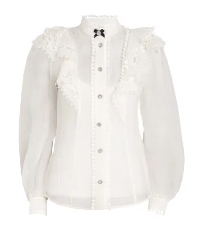 Zimmermann Crush Crystal-embellished Guipure Lace-trimmed Ruffled Linen And Silk-blend Organza Shirt In Cream
