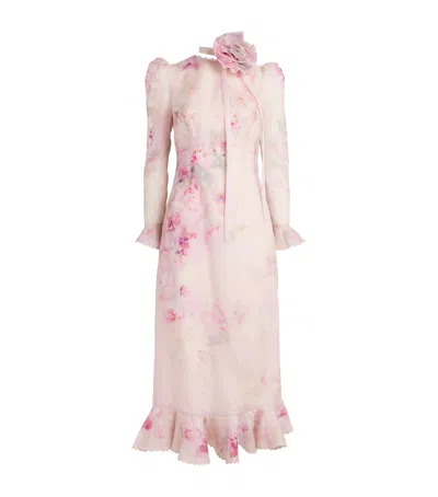 Zimmermann Crush Flower Midi Dress With Flower Brooch In Pink