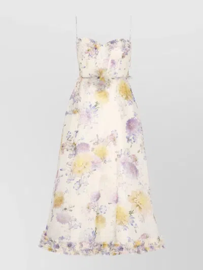 Zimmermann Linen Silk Midi Dress Floral Belt In Multi
