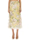Zimmermann Acacia Scalloped Floral-print Linen Midi Skirt In Yellow