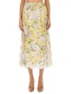 Zimmermann Acacia Scalloped Floral-print Linen Midi Skirt In Yellow