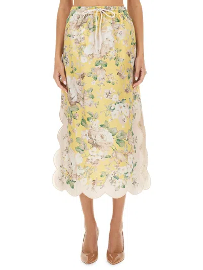 Zimmermann Acacia Scalloped Floral-print Linen Midi Skirt In Multi