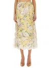 Zimmermann Acacia Scalloped Floral-print Linen Midi Skirt In Yellow