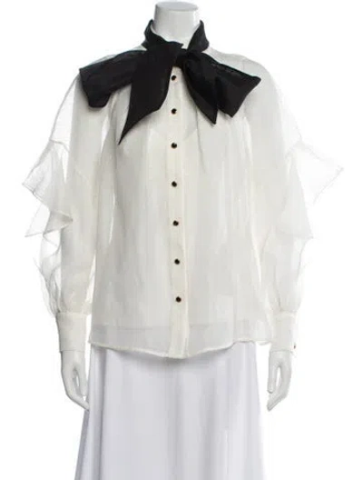 Pre-owned Zimmermann Linen Tie Neck Blouse In White