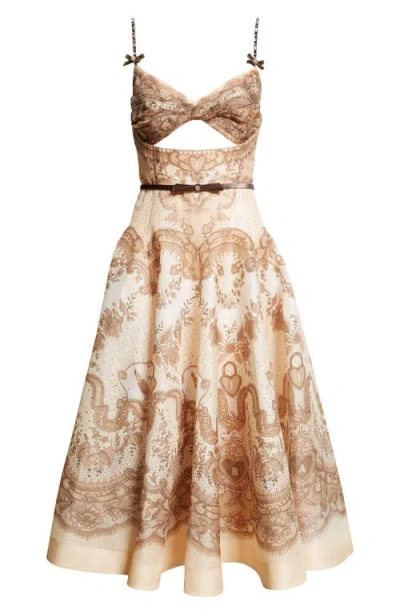 Zimmermann Crush Twist Front Midi Dress In Peach Lace Print