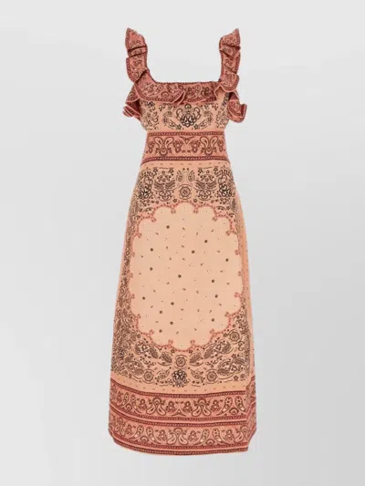 Zimmermann Long Printed Linen Dress With Ruffle Detailing In Pink