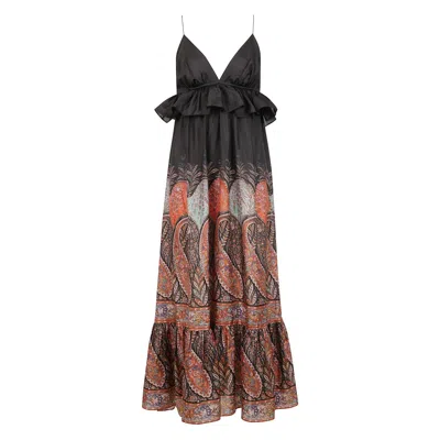 Zimmermann Long Silk Dress With Paisley Print And Ruffle Details In Brown