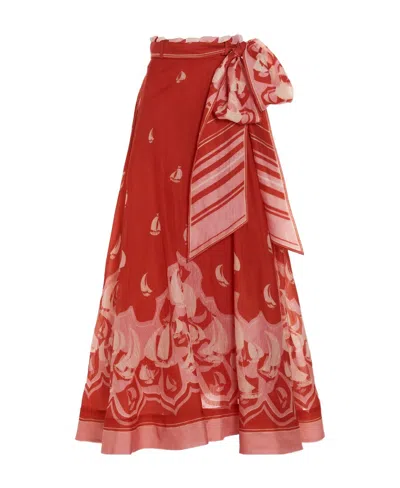Zimmermann Printed Linen And Silk-blend Maxi Skirt In Red