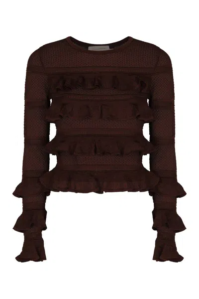 ZIMMERMANN ZIMMERMANN LONG SLEEVE KNIT TOP WITH RUFFLES