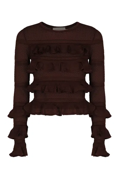 Zimmermann Long Sleeve Knit Top With Ruffles In Brown