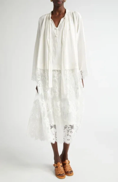 Zimmermann Long Sleeve Mixed Media Midi Dress In Ivory