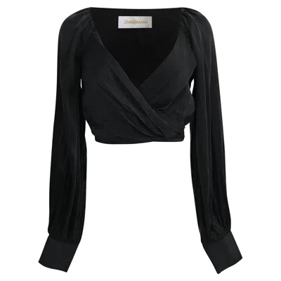 Zimmermann Long Sleeve Wrap Cropped Top In Black Silk
