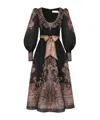 Zimmermann Illustration Belted Printed Linen And Silk-blend Organza Midi Dress In Black