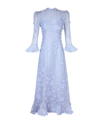 Zimmermann Matchmaker Appliquéd Crystal-embellished Linen And Silk-blend Midi Dress In Blue