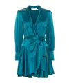 Zimmermann Bishop-sleeve Silk Wrap Mini Dress In Green