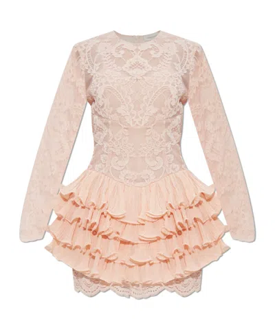 Zimmermann Crush Lace Frill Sleeved Mini Dress In Pink