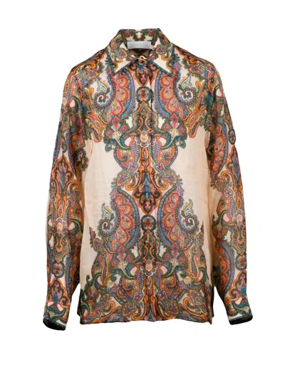 Zimmermann Long-sleeved Ramie Shirt With Intricate Multicolor Paisley Pattern In Neutral