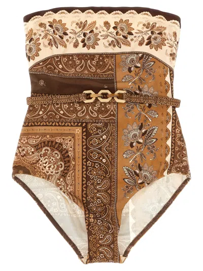 Zimmermann Lucky Bandeau One-piece Swimsuit In Brown