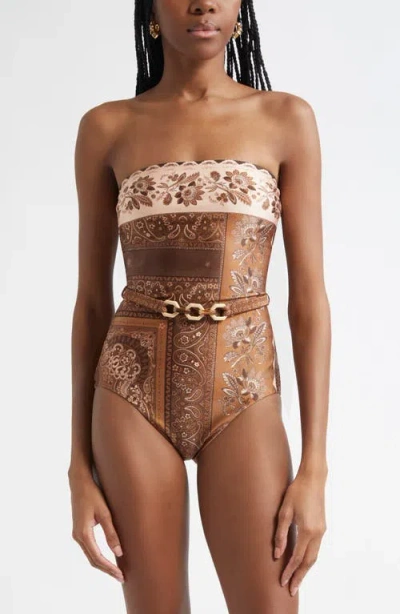 Zimmermann Lucky Belted One-piece Bandeau Swimsuit In Chocolate Bandana
