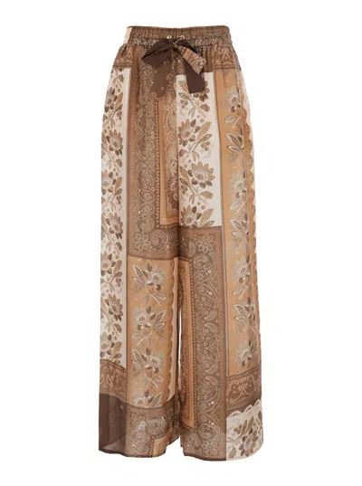 Zimmermann Lucky Brown Pants With Elastic Drawstring Waist And All-over Floral Print In Silk Woman