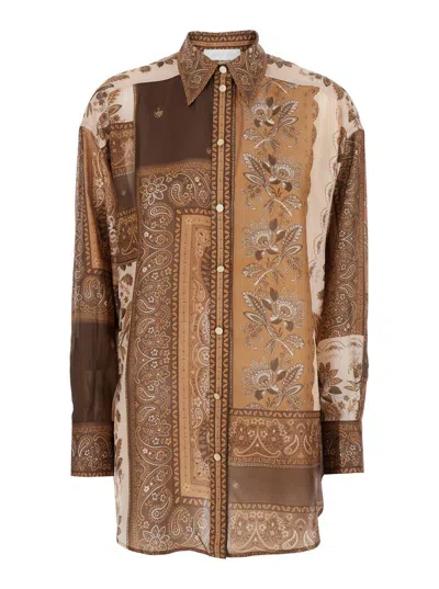 Zimmermann 'lucky' Brown Shirt With Classic Collar And All-over Floral Print