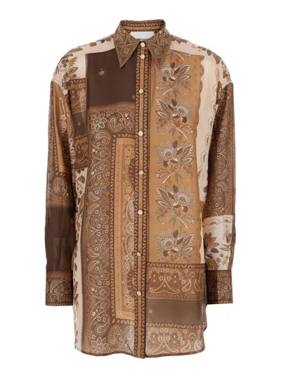 Zimmermann Lucky Brown Shirt With Classic Collar And All-over Floral Print In Silk Woman