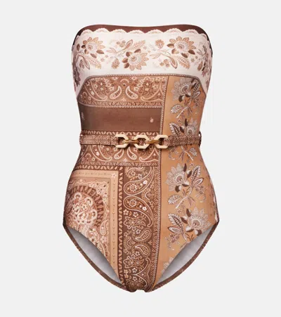 Zimmermann Lucky Embellished Printed Swimsuit In Brown
