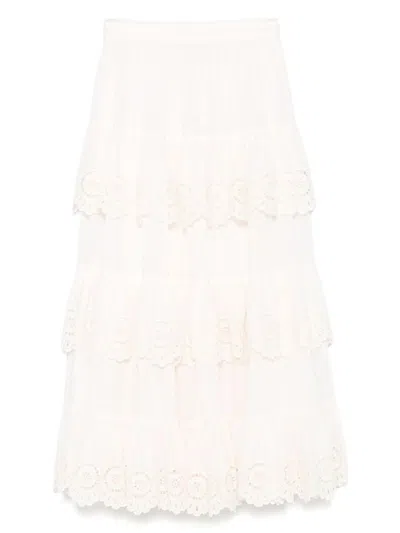 Zimmermann Lucky Embroidered Midi Skirt In White