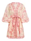 Zimmermann Lucky Pink Mini Dress With V Neck And All-over Floral Print In Linen Woman