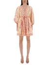 Zimmermann Lucky Pink Mini Dress With V Neck And All-over Floral Print In Linen Woman