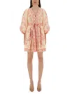 Zimmermann Lucky Pink Mini Dress With V Neck And All-over Floral Print In Linen Woman In Pink