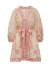 Zimmermann Lucky Pink Mini Dress With V Neck And All-over Floral Print In Linen Woman