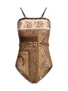 Zimmermann Lucky Belted One-piece Bandeau Swimsuit In Brown