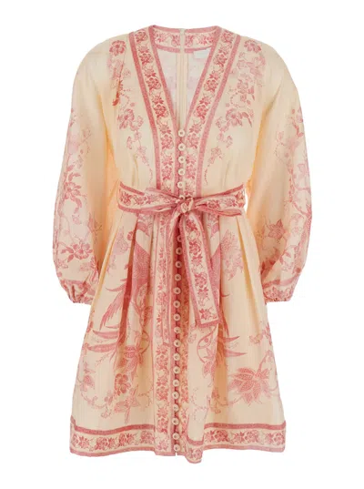 Zimmermann Lucky Pink Mini Dress With V Neck And All-over Floral Print In Linen Woman