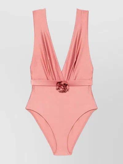 Zimmermann Lucky Plunge Flower Belted Waist Bodysuit In Pink