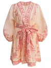 Zimmermann Lucky Pink Mini Dress With V Neck And All-over Floral Print In Linen Woman