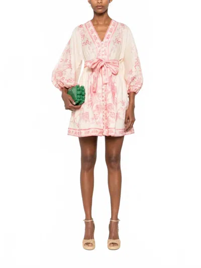 Zimmermann Lucky Plunge Mini Dress In Cream/pink Floral