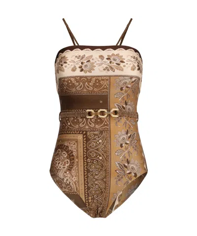 Zimmermann Lucky Belted One-piece Bandeau Swimsuit In Brown