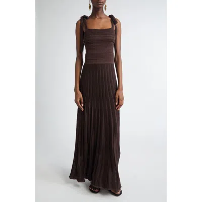 Zimmermann Lucky Tie Shoulder Metallic Rib Maxi Dress In Brown