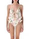 Zimmermann Multicolour Floral Swimsuit With Ruffled Edges And Adjustable Ties In Multi