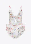 Zimmermann Multicolour Floral Swimsuit With Ruffled Edges And Adjustable Ties In Multi